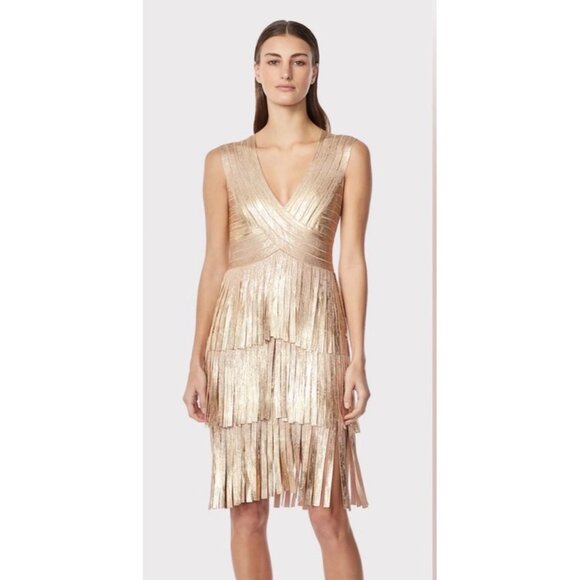 HERVE LEGER Paris V NECK FOIL FRINGED MIDI DRESS - Picture 1 of 9